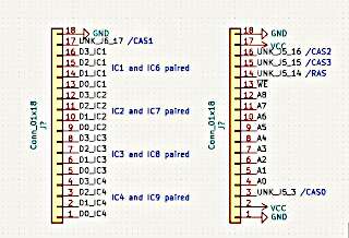 Pinout of the two headers, viewed from the right edge of the bondwell PCB. RAS and CAS in correct positions